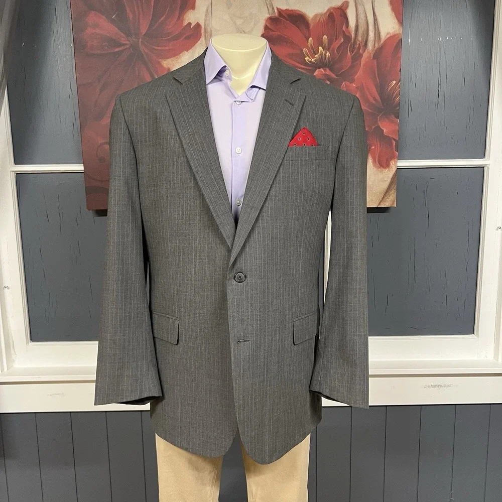Brooks Brothers Suit Mens 44Long Wool Pleated Pants 37x34 (Unhemmed) Gray/Blue